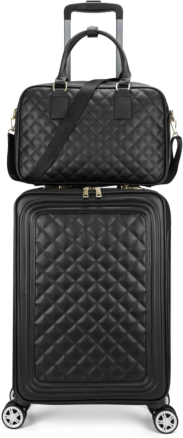 Leather Softside Carry On Luggage with Double Spinner Wheels