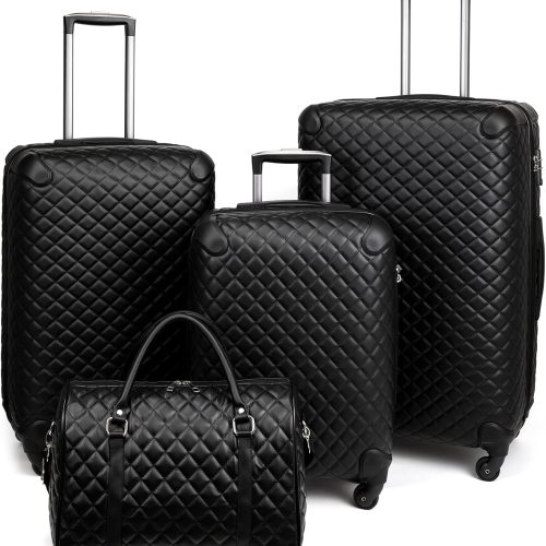 Plaid PU Leather Softshell Luggage Set with Spinner Wheels