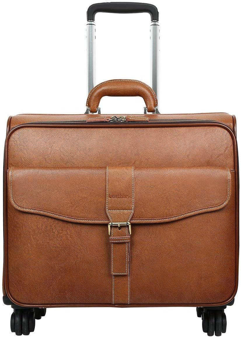 Leather Rolling Laptop Case Wheeled Briefcase Suitcase