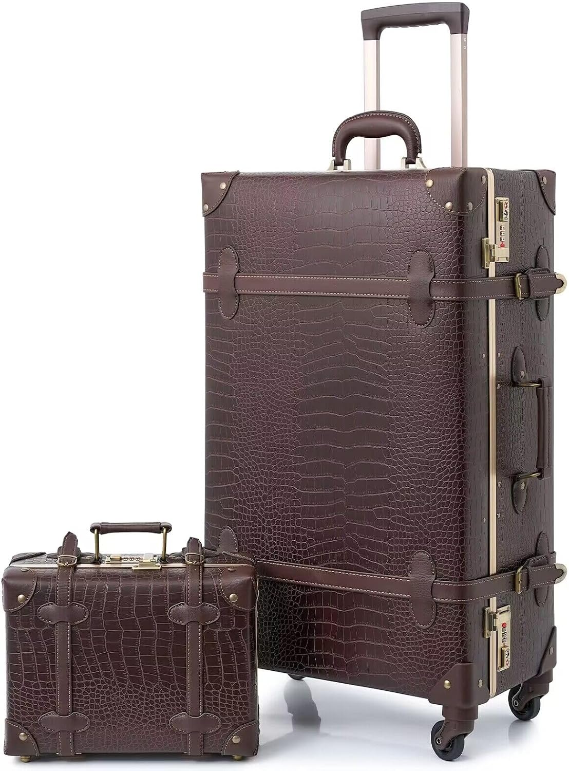 Vintage Luggage Set with Wheels and Retro Boarding Tote