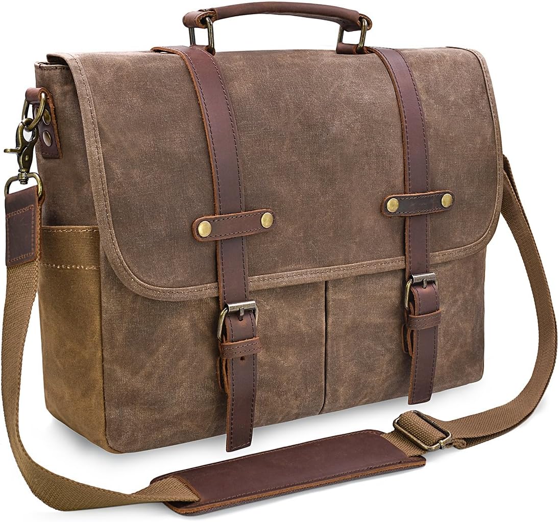 Mens Waterproof Vintage Leather Waxed Canvas Messenger Bag